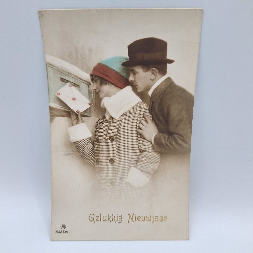 Antique Dutch Happy‎ New Year Postcard 6082/4 Couple Winter Scene Old Ephemera